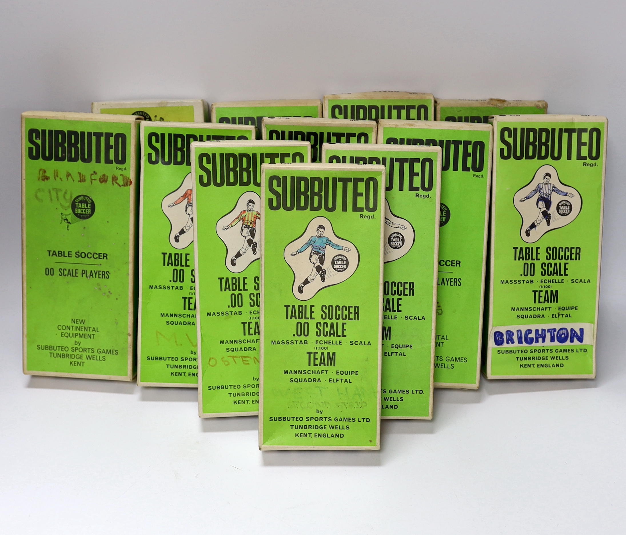 Twelve boxed Subbuteo table football teams, including; Brighton, West Ham, Manchester City, Ostende, Ajax, Fulham, etc.